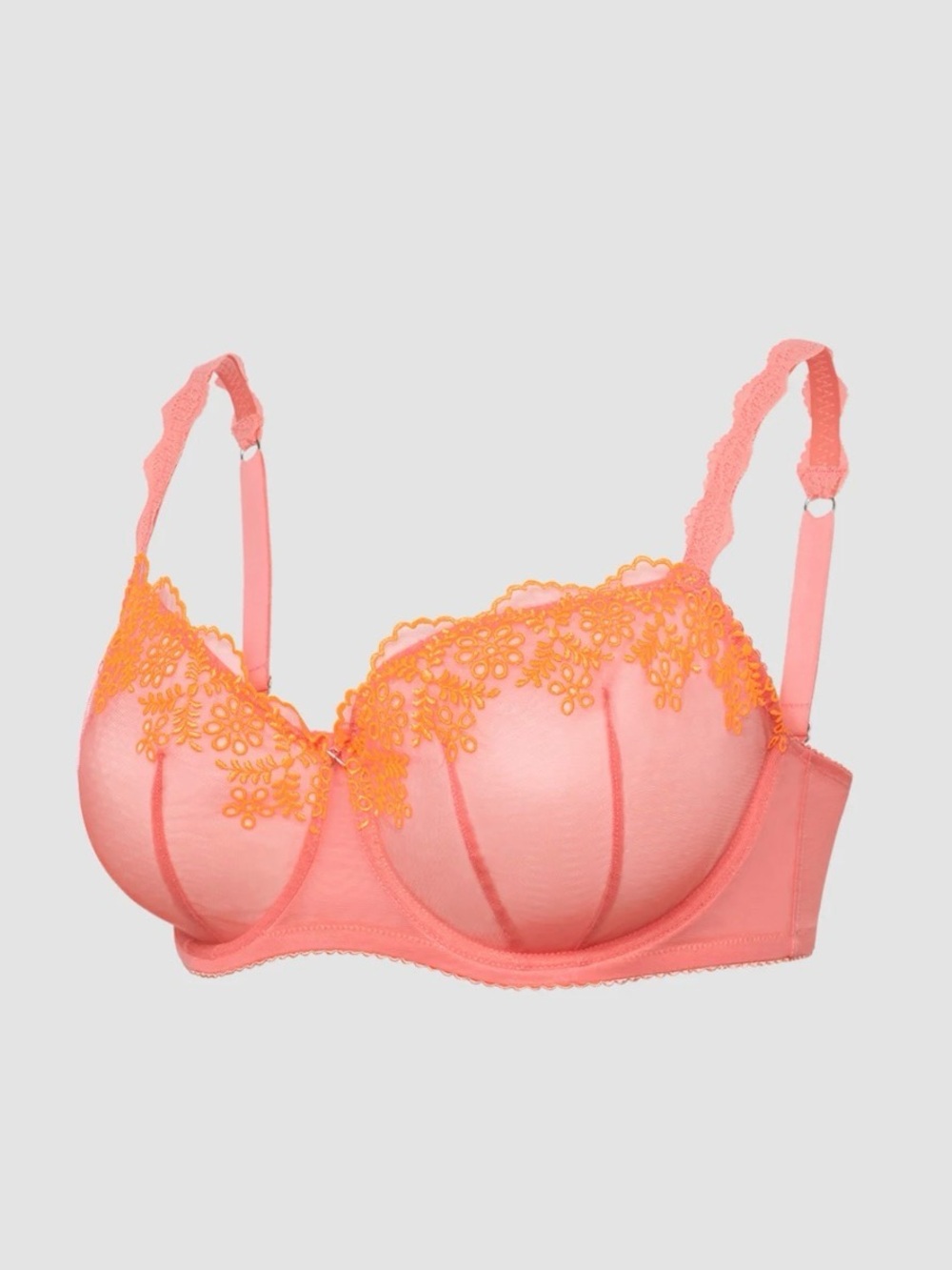 Savage X Fenty Coral Bra with Orange Floral Lace Trim, size 38DDD
